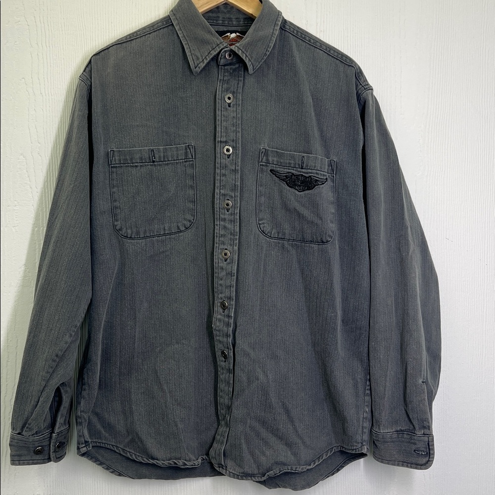 Harley Davidson - Vintage Gray Stonewashed Harley  Button Down Shirt Size Medium - Picture 8 of 11